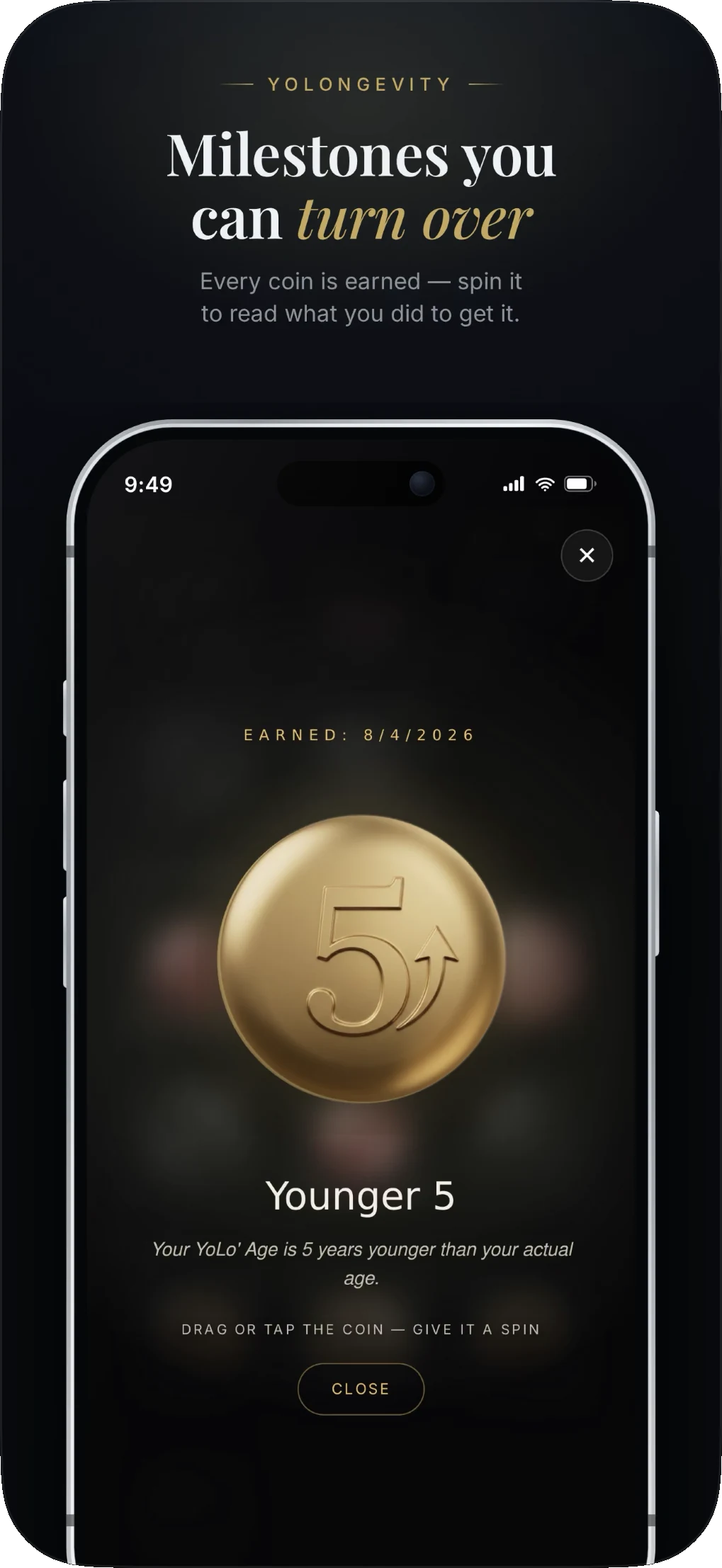 Milestones you can turn over — every coin is earned, and you can spin it to read what you did to get it